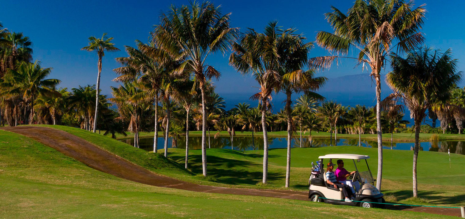 Joueurs conduisant un buggy sur les routes du parcours de golf
